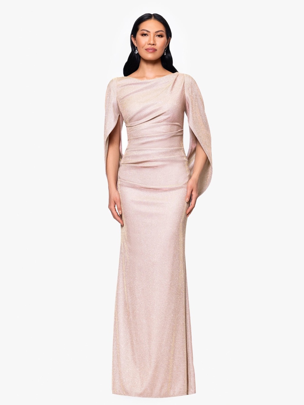 Betsy & Adam Gracie Glittered Blush Draped Evening Gown -$300 Retail
